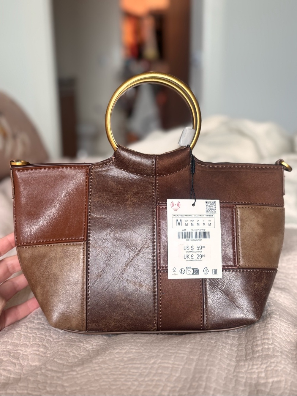 Zara Brown Patchwork Leather Crossbody with Gold Ring Handles